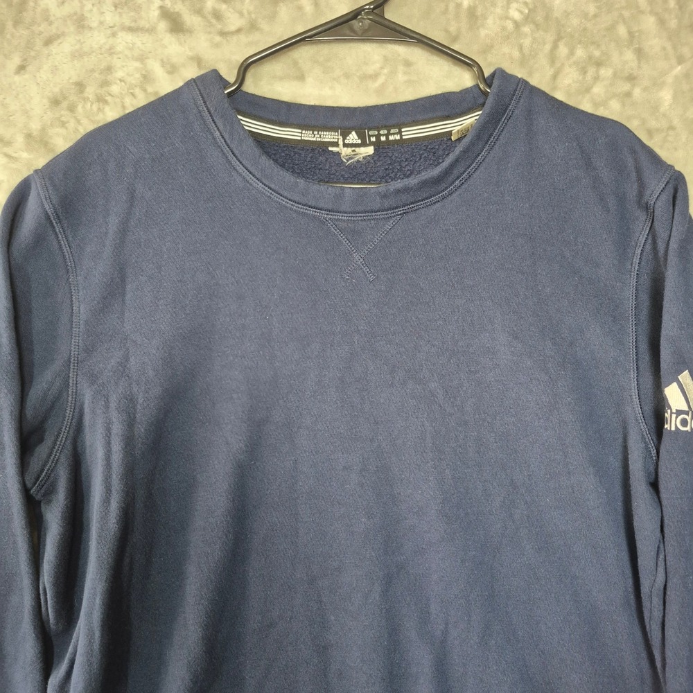 Adidas Mens Crewneck Sweatshirt Navy Blue Fleece Pullover Logo Sleeve Size M